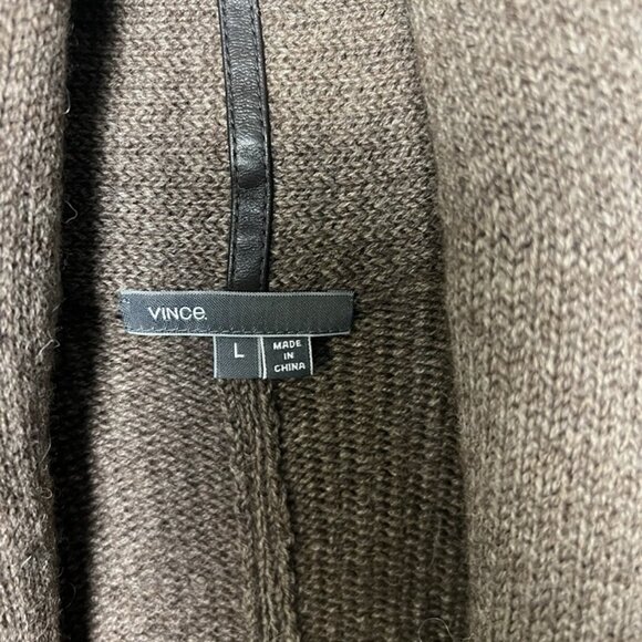 Vince Open Front Longline Wool Cardigan sz L Alpaca Yak Cashmere Leather Trim - Picture 3 of 8